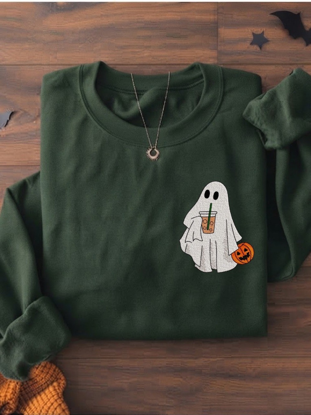 Gildan Forest Green Sweatshirt with White Ghost & Orange Pumpkin Graphic